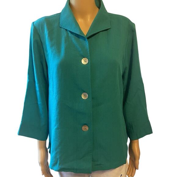Fridaze Top Womens L 100% Linen Green Collared Button Up Shirt Jacket Lagenlook - Picture 1 of 10